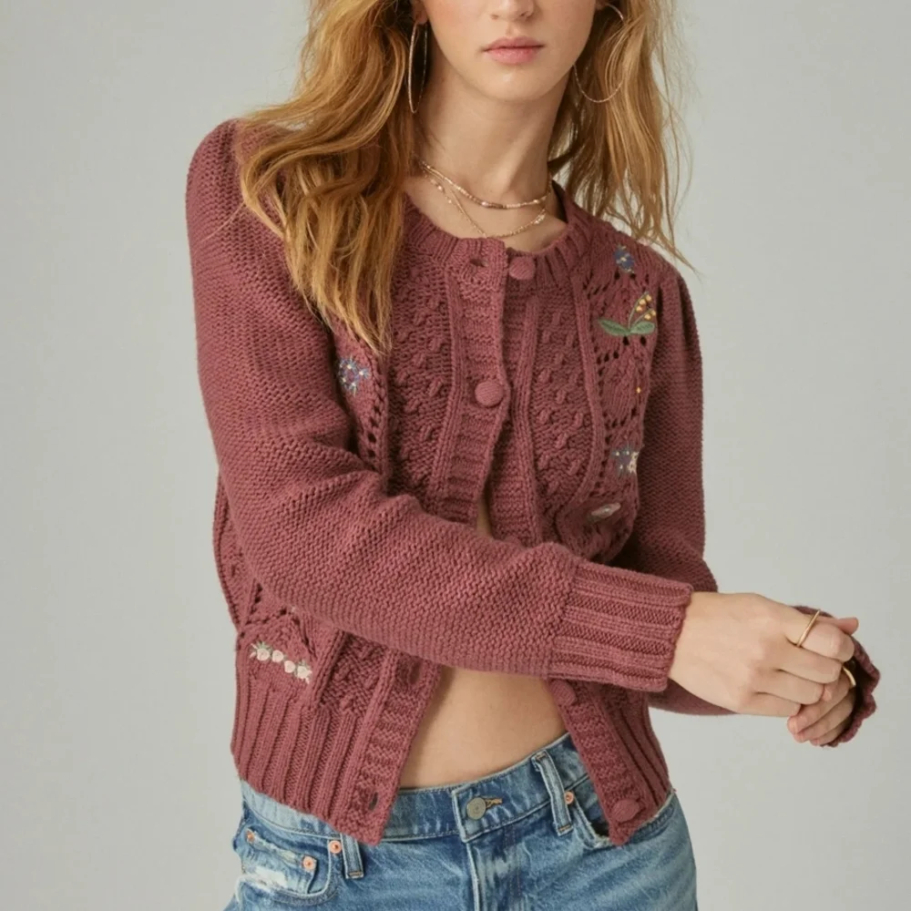 Lucky Brand Dusty Rose Embroidered Cable Knit Cardigan
